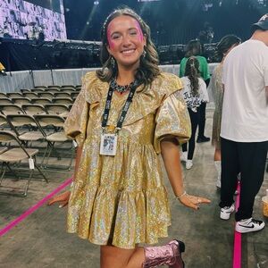 Gold Sequin Dress with Pink Boots